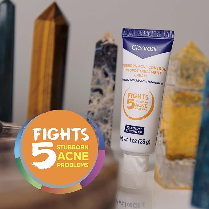 Clearasil Stubborn Acne Control 5in1 Spot Treatment Cream, Maximum Strenght with 10% Benzoyl Peroxide, Acne Medication, 1 oz