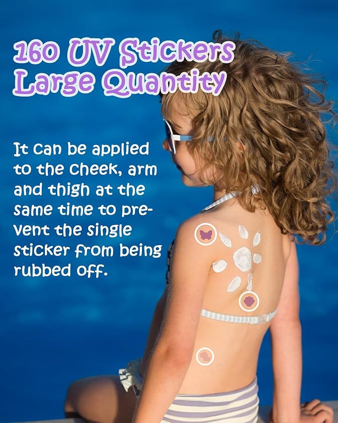 UV Detection Stickers for Sunscreen - 160 Count UV Detection Stickers, Know When to re-Apply Sunscreen, Sun Protection Reminder, 8 Cute Pattern Types