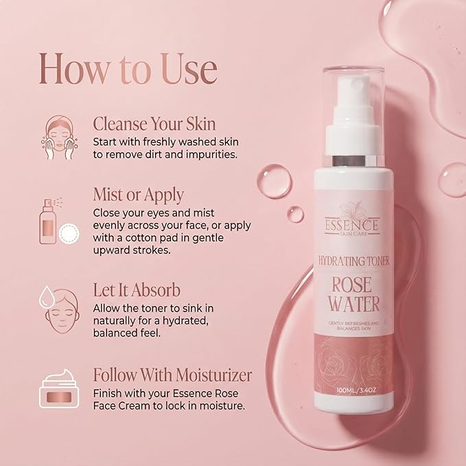 Essence Skin Care Rose Water Hydrating Toner, Face Mist with Aloe Vera, Hibiscus Extract, Glycerin, Alcohol-Free, Soothing Facial Spray, for Normal, Dry, Combination, Sensitive Skin