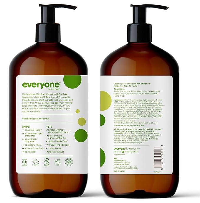 Everyone 3-in-1 Kids Soap, Body Wash, Bubble Bath, Shampoo, 32 Ounce (Pack of 4), Tropical Coconut, Coconut Cleanser with Plant Extracts and Pure Essential Oils