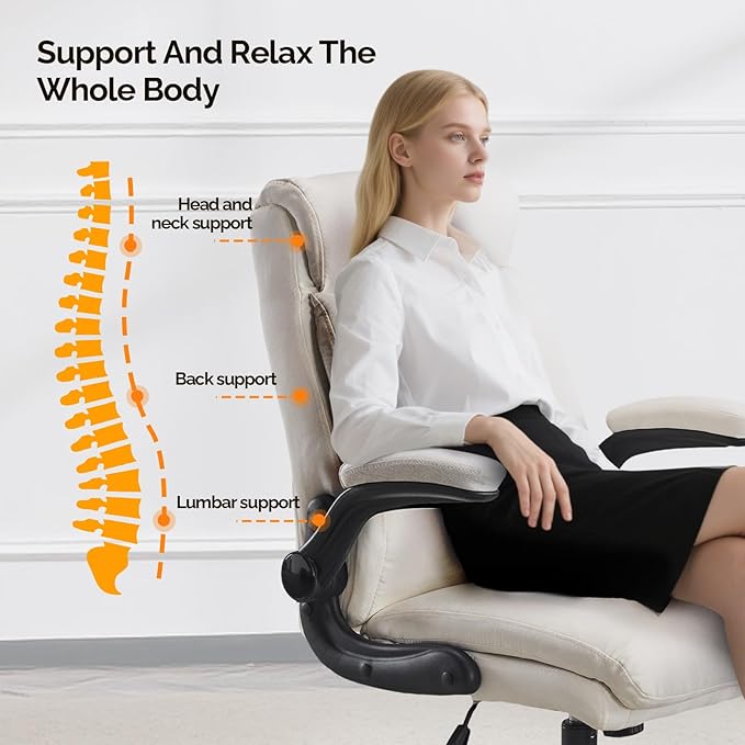 VINGLI Rolling Ergonomic Office Desk Chair with Padded Flip-up Arms, 360° Swivel High Back Executive Computer Task Chair with Wheels for Game，Home Small Space, Study Room, Reading Room, Linen White