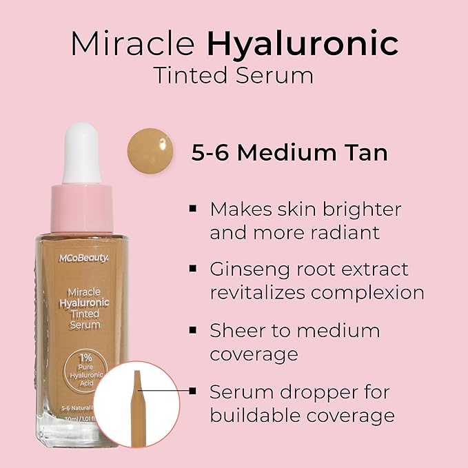 MCoBeauty Miracle Hyaluronic Tinted Serum 5-6 Medium Tan - Hydrating Skin Tint Foundation with Hyaluronic Acid Ginseng - Buildable Sheer to Medium Coverage Dewy Finish - Vegan Cruelty Free Makeup