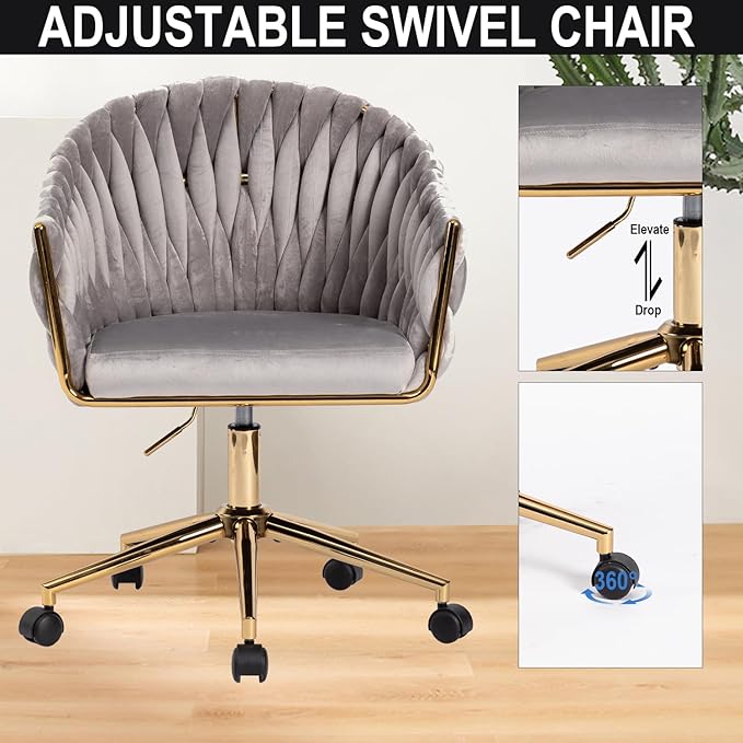Velvet Office Chair with Hand Woven Back, Vanity Desk Chairs with Golden Wheels, Swivel Home Office Desk Chair, Accent Makeup Desk Chair for Bedroom, Living Room(Grey)