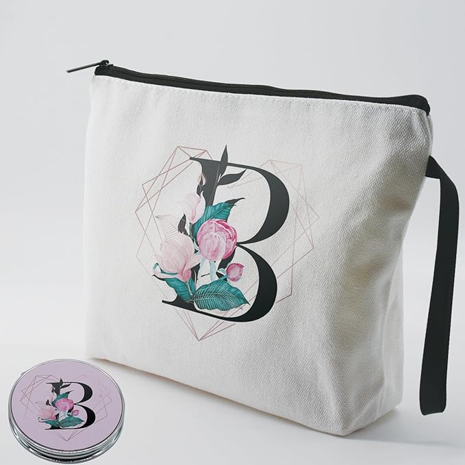Personalized Initial B floral Makeup Bag set with Mirror for Women,White Ietter Bride Bridesmaid travel Cosmetic bag kit with10 pieces pink brush set,Initial Gifts for Girls Mom femal Friends