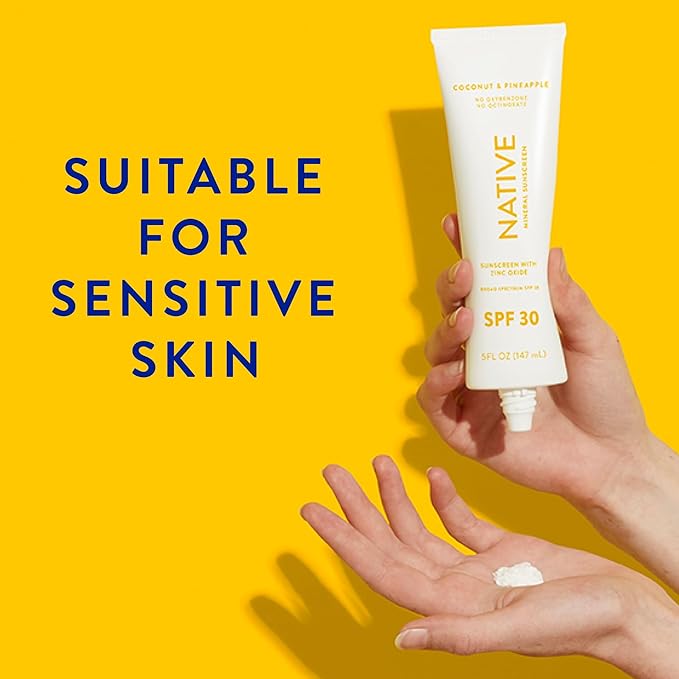 Native Sunscreen SPF 30, Zinc Oxide Dermatologist Tested Suitable for Sensitive Skin & Hawaii Compliant, 5 Ounces | Pineapple & Coconut Scent Sun Protection Lotion, Lightweight & Smooth