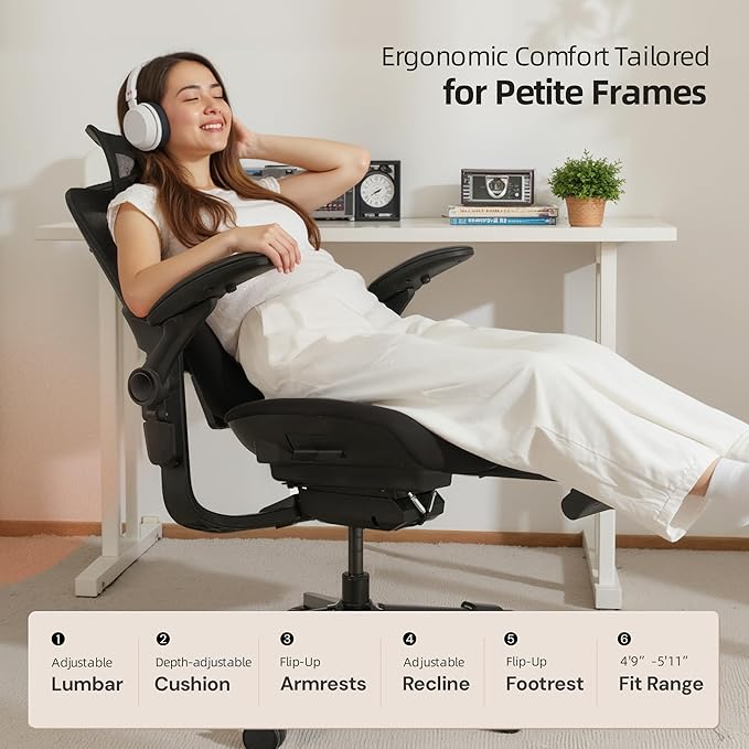 CabLady S2 Petite Ergonomic Office Chair for Women, Small Frame Desk Chair with Adjustable Lumbar, Headrest & Footrest, Space-Saving Flip-Up Armrests
