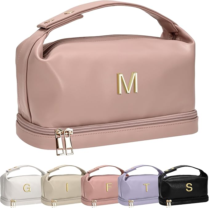 Gifts for Graduates, Personalized Makeup Bag with Handle, Initial Double Layer Cosmetic Bag with Makeup Brush Organizer, PU Leather Travel Toiletry Bag, Gifts for Friends Female Mom