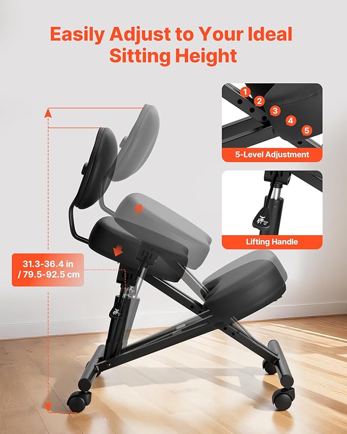 VEVOR Ergonomic Kneeling Chair with Backrest & Wheels, Mobile X-Shaped Posture Knee Chair with Adjustable Height & Thick Foam Cushions, Relief for Neck or Back Pain for Home, Office, Meditation, Black