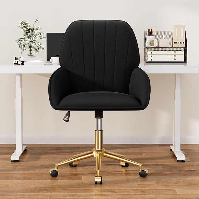 Home Office Desk Chair Comfy with Adjustable Swivel Wheels, Modern Velvet Makeup Vanity Chair with Back & Pillow, Ergonomic Office Chair Computer Task Chair for Living Room, Bedroom, Black