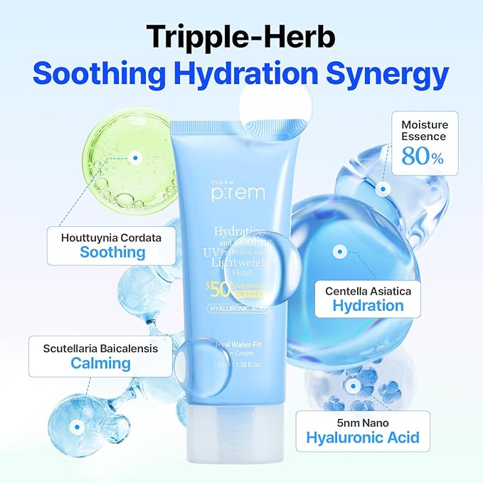 MAKE P:REM Hyal Water-Fit Sunscreen, Law-Irritation Hydrating Face & Body Sunscreen, SPF 50+ PA++++, Korean Sunscreen, 3.38 fl.oz., 100ml