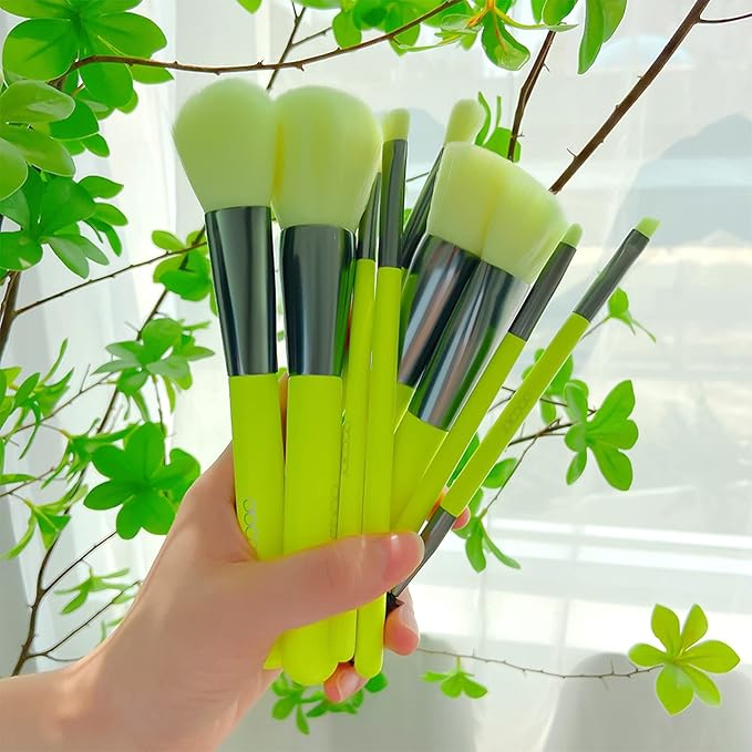 Docolor Makeup Brushes 10Pcs Makeup Brush Set Premium Synthetic Powder Kabuki Foundation Contour Blush Concealer Eye Shadow Blending Liner Make Up Brush Kit - Neon Green