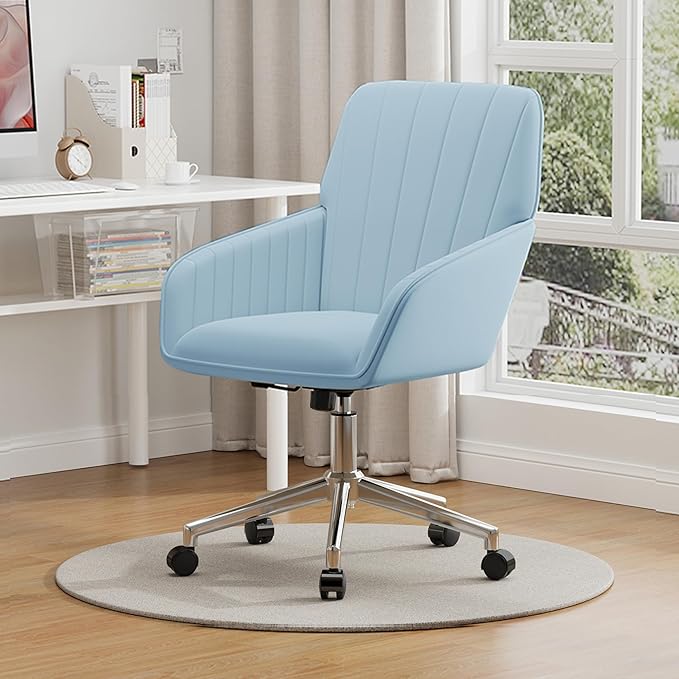 YISHENG Velvet Office Desk Chair with Silver Base, with Wheels,Modern Height Adjustable 360 Degree Swivel Upholstered Vanity Chairs with Arms for Living Room Bedroom,Light Blue