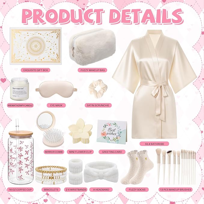15 Pcs Birthday Gifts for Women Robe Sets for Women Spa Basket Set Graduation Gifts Bath Robe Make up Brushes Scented Candle Fluffy Socks Coffee Cup for Mom Nurse Girlfriend Wife(Champagne)