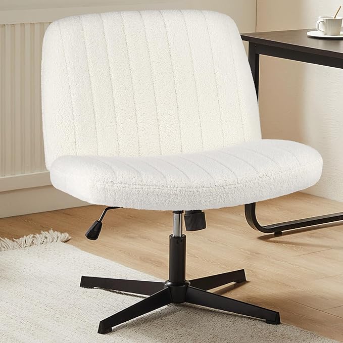 Sweetcrispy Criss Cross Chair Legged, Armless Office Wide Desk Chair No Wheels, Swivel Vanity Height Adjustable Fabric Modern Computer Task Seating for Home - Teddy Beige