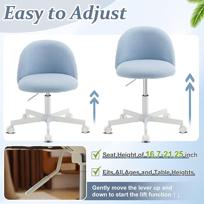 VINGLI Candy Chair Armless Cute Desk Chair,Comfy Small Office Chair with Wheels,Vanity Chair with Lumbar Support,Teddy Adjustable Rolling Swivel Computer Task Chair for Home Office,Bedroom,Poetic Blue