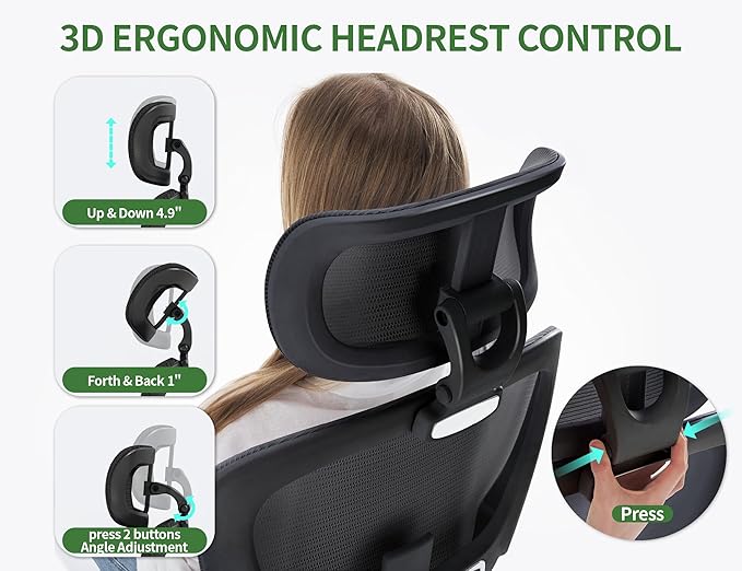 Office Chair - Ergonomic Desk Chair with Adjustable Headrest Lumbar Support Computer Chair - Mesh Comfy Chairs with Flip-up Armrests - Big and Tall Gaming Chairs for Adults Home Office(Black)