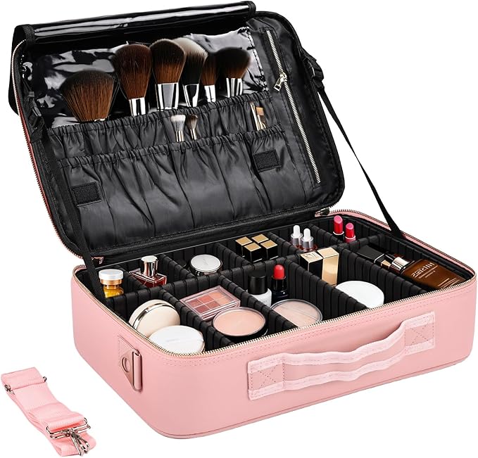 Large Travel Makeup Case, Professional Makeup Train Case Organizer for Women, Cosmetic Brush Bag Holder Waterproof Makeup Artist Storage Box with Adjustable Dividers and Shoulder Strap, Leather Pink