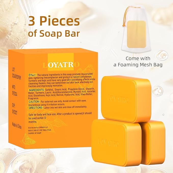 Kojic Acid Turmeric Soap Bar 3 Pack for Body & Face, Made with Natural and Organic Ingredients. Gentle Soap, For All Skin Types
