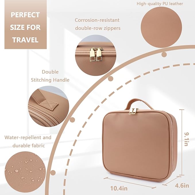 Makeup Bag with Mirror,with Mirror 3 Color Setting and Detachable 10x Magnifying Mirror Large Vanity Makeup Cases,Portable Storage and Adjustable Dividers, for Women and Makeup Artists-Khaki