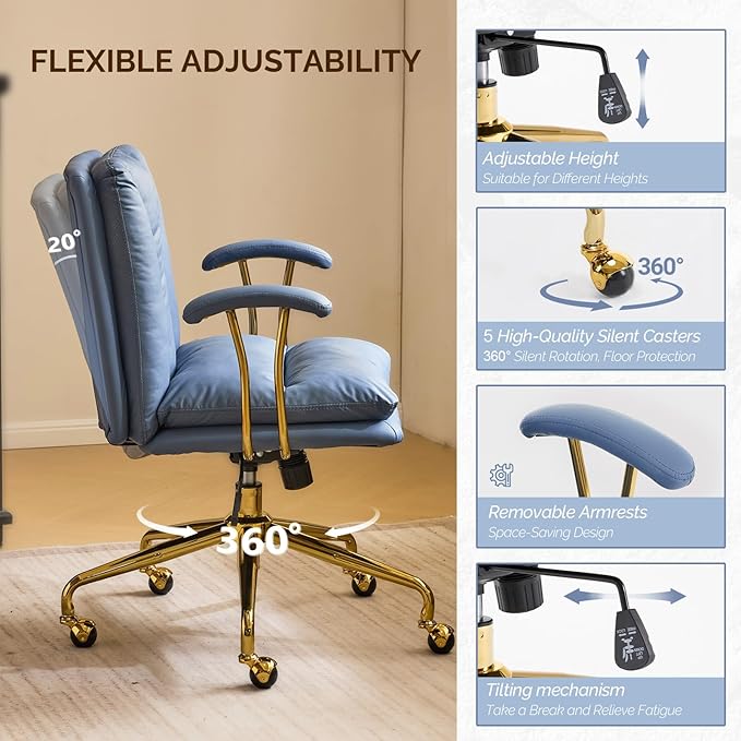 VINGLI Home Office Desk Chair Comfy with Wheels & Armrests,Gold Base Vanity Chair with Back,Adjustable Rolling Swivel Computer Task Chair for Study,Home Office,Cat Scratch PU,Navy Blue