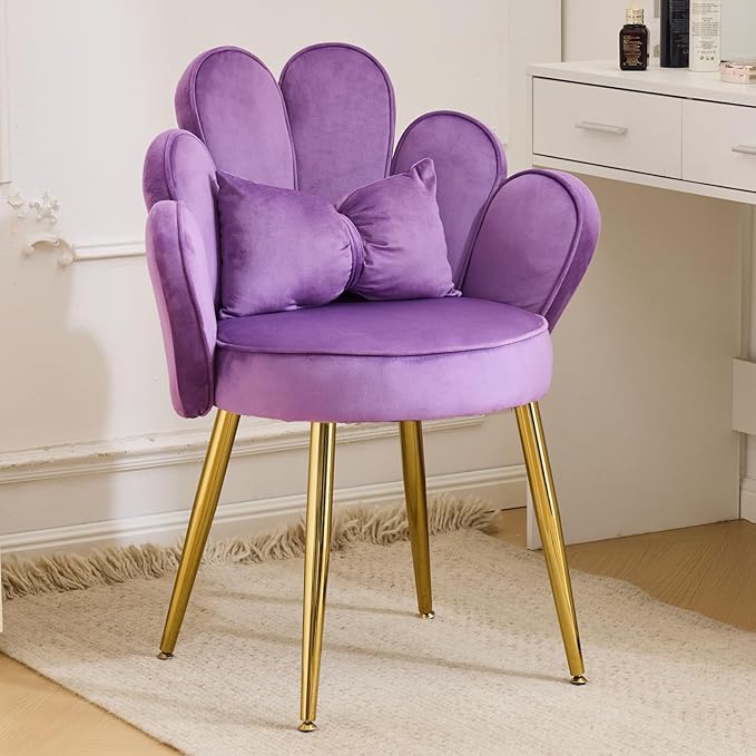 VINGLI Petal Makeup Vanity Chair with Back,Flower Cute Girls Desk Chair Comfy No Wheels,Modern Dining Chair,Small Accent Chair with Adustable Gold Legs&Bow Pillow for Home Office,Bedroom,Velvet,Purple