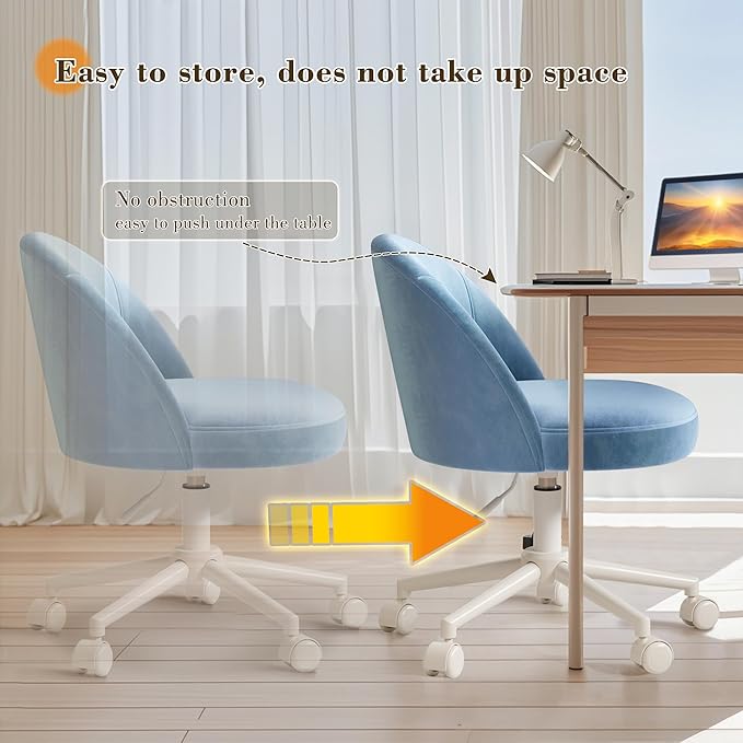 EnHomee Vanity Chair with Wheels, Cute Desk Chair with Back,Comfortable Office Chair with Adjustable Rolling Swivel for Makeup Room Bedroom, Home Office, Armless,Fog Blue