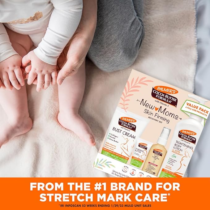 Palmer's Cocoa Butter Formula New Moms Skin Recovery Postpartum Essentials, Body Lotion (8.5 oz) + Nursing Butter (1.1 oz) + Bust Cream (4.4 oz) + Skin Therapy Oil (2 oz), Dermatologist Approved