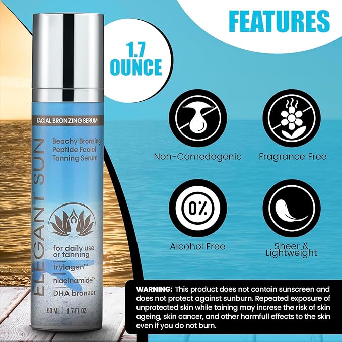 Beachy Bronze - Peptide Facial Tanning Bed Lotion, Gradual DHA Bronzing Serum & Daily Face Moisturizer Collagen, Niacinamide, Exosomes, Sheer Tint, Sun-Kissed Glow, 1.7 fl oz