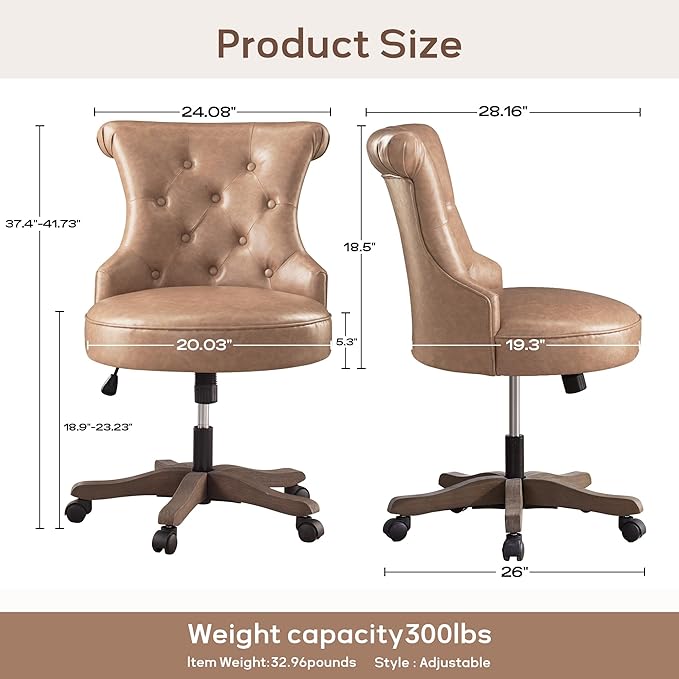 HUIMO Home Office Chair Upholstered Armless Desk Chair with Wheels Adjustable Height Computer Desk Chair with Wooden Legs Comfortable Swivel Chair for Home Office Study Studio (Light Brown)