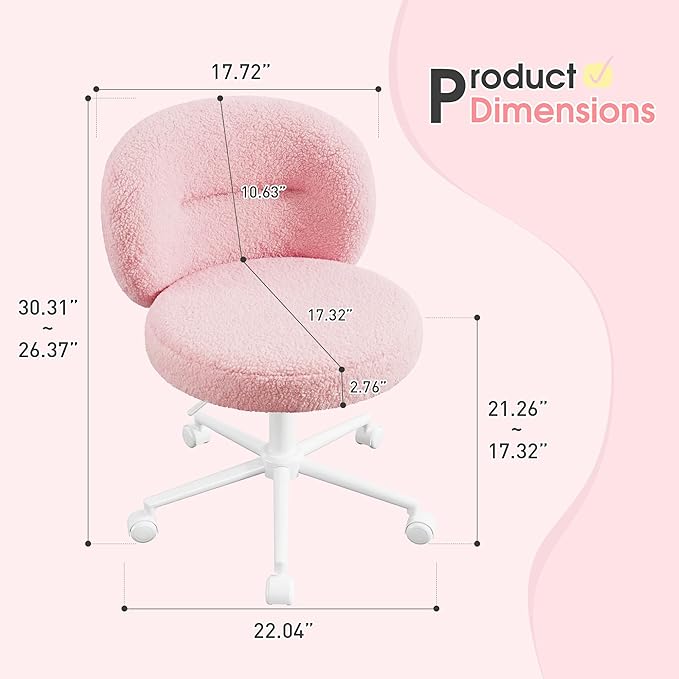 Small Round Vanity Chair, Armless Home Office Desk Chairs with Back, Height Adjustable & 360° Swivel, Cute Comfy Vanity Computer Chair for Bedroom, Home Office, Pink