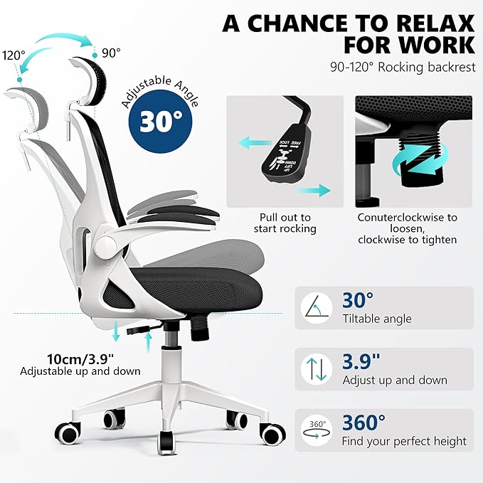 Ergonomic Office Chair, Mesh Desk Chair with Adjustable Headrest & Lumbar Support, Rolling Computer Chair with Flip-up Armrests, Comfy Swivel Home Office Chair for Long Hours - White