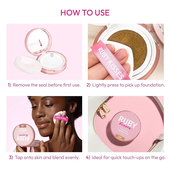 Ruby Kisses Cushion Foundation, Full Coverage Korean Makeup, Lightweight & Long Lasting, All Day Natural Glowy Finish for All Skin Types with Hyaluronic Acid & Bakuchiol (Fair Ivory, 0.52 Ounce)