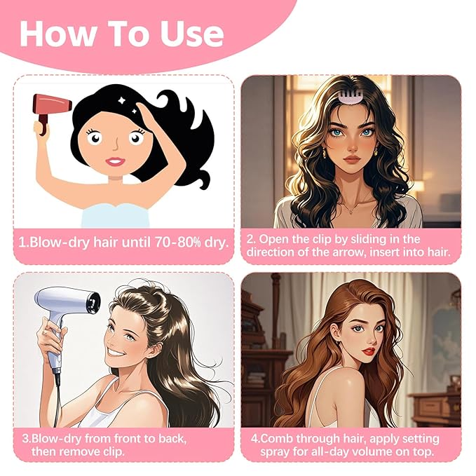 2PCS Volumizing Hair Clips for Women, Hair Volume Clip Styling Tools Volumizing Comb for Fluffy Bangs Clips for Root Lift, Root Booster Clips, Pink