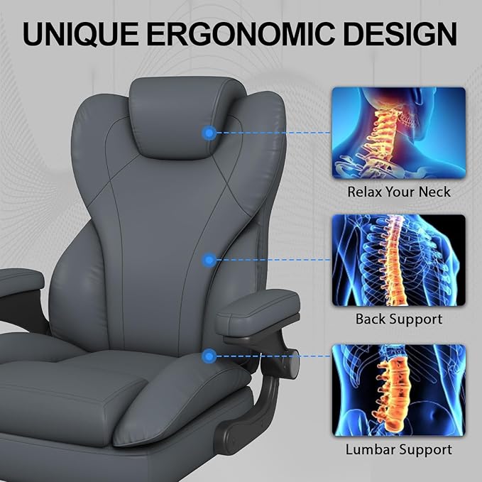 Hovos Office Chair, Ergonomic Big and Tall Desk Leather Chair with Padded Flip-up Arms, Adjustable Tilt Lock, Heavy Duty Swivel Rolling Computer Chair for Home Office, Grey