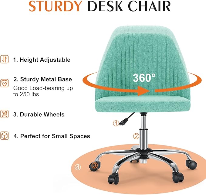 Sweetcrispy Armless Vanity Chair, Cute Comfy Home Office Desk Chair with Wheels, Modern Upholstered Task Computer Seat for Bedroom, Study, Makeup Vanity, Height Adjustable & Swivel, Mint