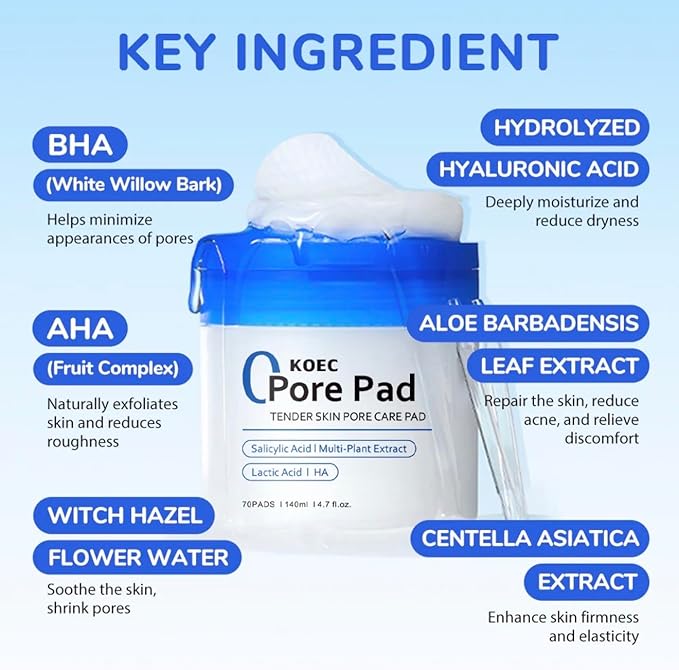 KOEC Korean Clean Pore Toner Pads 2.0 Facial Toner Pads with AHA/BHA niacinamide, Exfoliating Toner Pad- 70 Count-2packs
