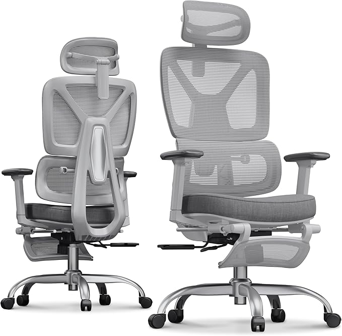 FLEXISPOT ErgoX Premium Ergonomic Office Chair with Footrest- Adjustable 3D Armrests, Dynamic Lumbar Support, Recline & Tilt Function, Mesh Seat, for Home & Office Use,Light Grey Foam