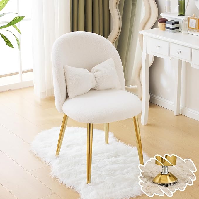 VINGLI Boucle Girls Vanity Chair with Back & Pillow,Cute Small Cozy Desk Chair No Wheels,Comfy Makeup Ch with Ajustable Gold Legs,for Bedroom,Living Room,Small Space,White
