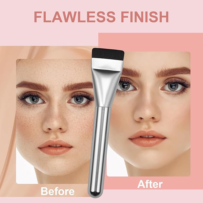 Flat Foundation Brush with Puff, Beautyfactor Ultral Thin Spatula Makeup Brush with Sponge for Liquid Makeup | Fast Flawless Korean Kabuki Brushes for Blending, Liquid, Cream, Blush, Buffing （Silver）