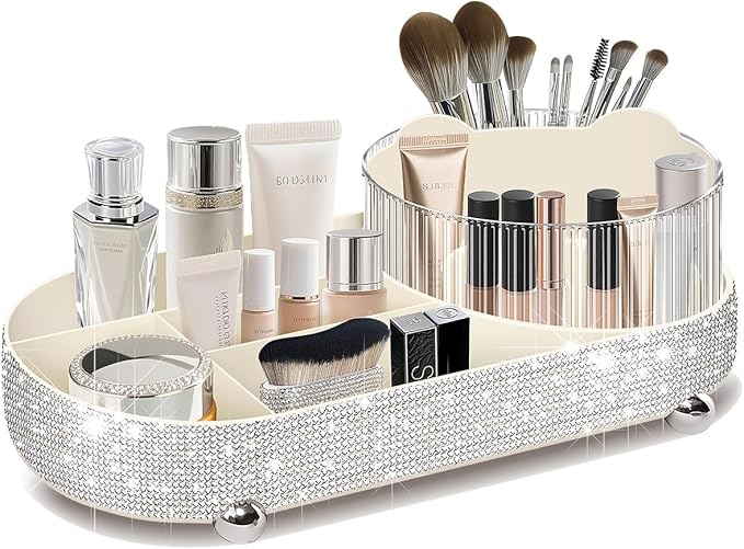 Yivaiks 360° Rotate Bling Makeup Organizer for Vanity Cosmetic Countertop Rhinestones Makeup Brush Holder Skincare Organizers Desk Storage Accessories