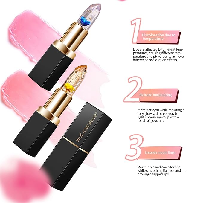 BLUE LOVE 3-Piece Color Changing Flower Jelly Lipstick Set - Nourishing Clear Lip Balm with Flower, Long-Lasting Moisturizing Lip Gloss (2Pc Gold 1Pc Blue)