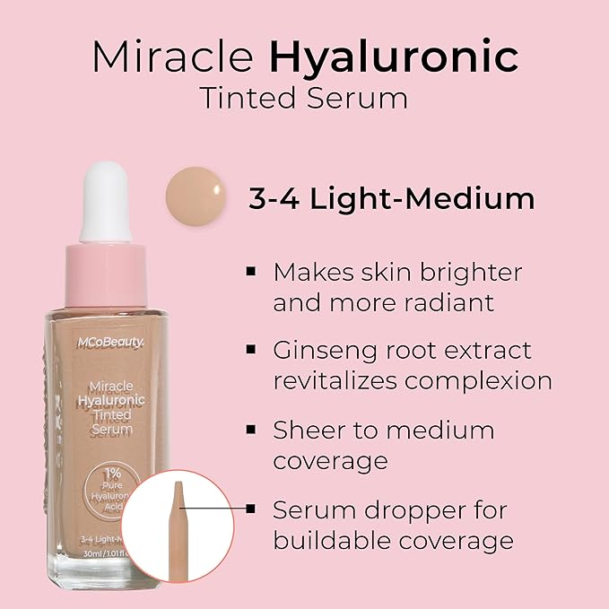 MCoBeauty Miracle Hyaluronic Tinted Serum 3-4 Light Medium - Hydrating Skin Tint Foundation with Hyaluronic Acid Ginseng - Buildable Sheer to Medium Coverage Dewy Finish - Vegan Cruelty Free Makeup