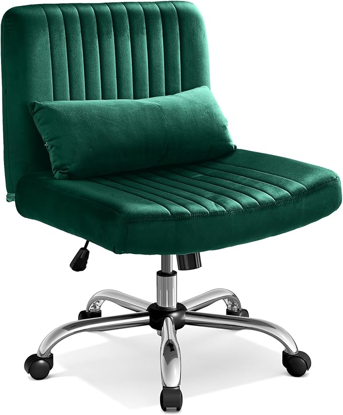 Warmiehomy Velvet Criss Cross Office Chair with Wheels, Luxury Cross Legged Desk Chair for Bedroom, Armless Wide Seat Computer Chair, Modern Vanity Chair, Gift for Teens & Girlfriend, Dark Green