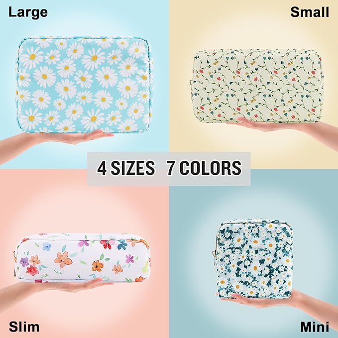 Nylon Small Floral Makeup Bag for Purse, Cute Preppy Travel Makeup Bag Flower Cosmetic Zipper Pouch Purse, Waterproof Portable Toiletry Makeup Brush Bag Clutch Organizer Storage for Women(Blue-Daisy)