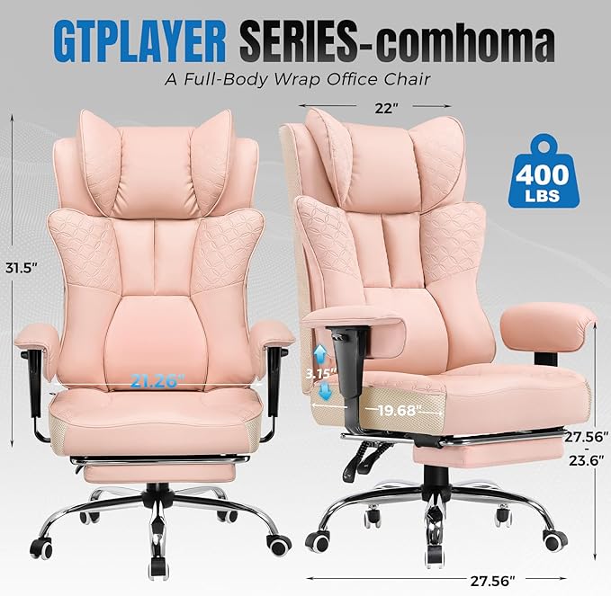 GTPLAYER Big and Tall Office Chair 400LBS Wide Ergonomic Gaming Chair with Deluxe Embossing Designed Leather with Foot Rest,150°Reclining Adjustable Soft Armrests Pocket Spring Back Support and Pillow