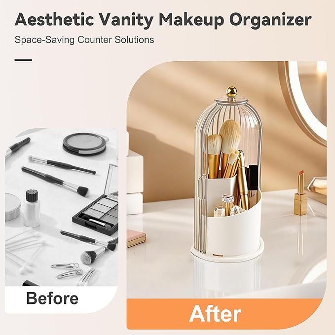 360° Rotating Makeup Brush Holder with Lid, Waterproof Three-Compartment Makeup Organizer, 180° Side-Pull Door Desk Organizer, Dustproof Brush Holder for Vanity and Bathroom (Transparent)