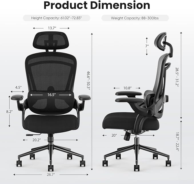 Sweetcrispy Office Chair Ergonomic Desk Chair, 300 LBS Home Mesh Office Desk Chairs with Wheels, 2D Headrest, Up&Down Lumbar Support, Swivel High Back Computer Chair with Flip-up Armrests,Dark Black