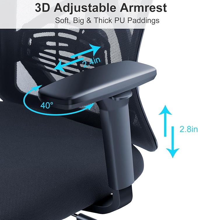 Ticova Ergonomic Office Chair - High Back Desk Chair with Adjustable Lumbar Support, Headrest & 3D Armrest