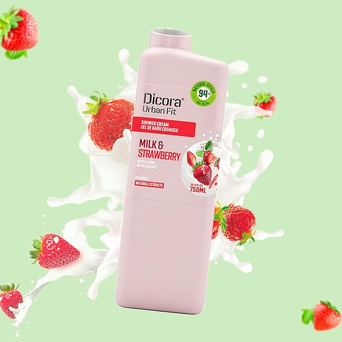 Dicora Urban Fit Nourishing Shower Gel - Body Wash for Men and Women - Long-Lasting Fruity Fragrance - Gluten Free - Milk and Strawberry - 25.4 oz