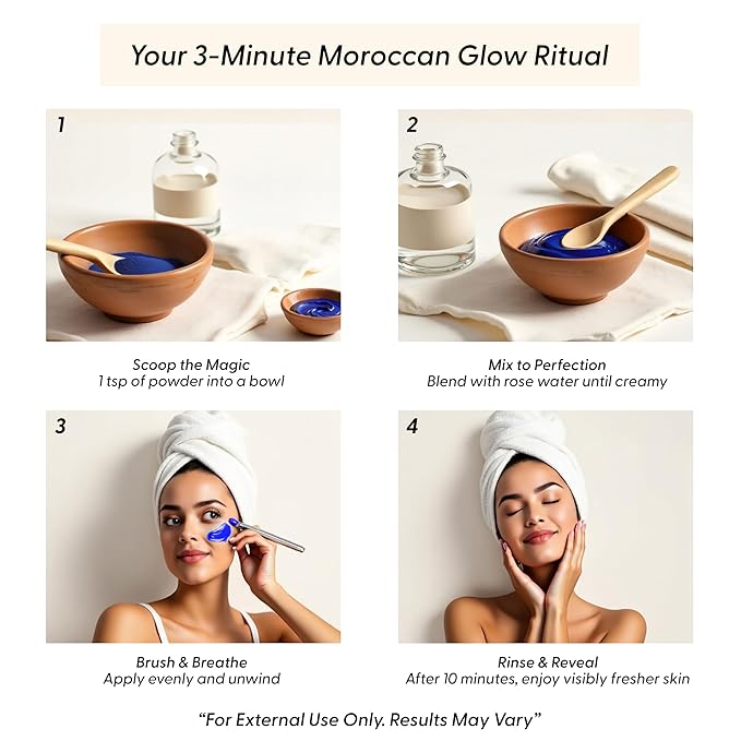 Moroccan Nila Powder – Natural Blue Clay Mask for Face, Body & Hair – Exfoliates for Glowing, Even-Toned Skin – Plant-Based & Traditional Hammam Skincare for All Skin Types
